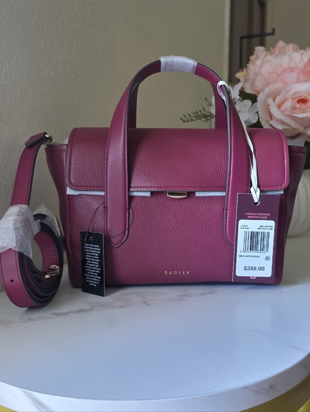 Radley London Mayfair Lane Medium Red / Burgundy Small Leather Flap Grab Bag NWT